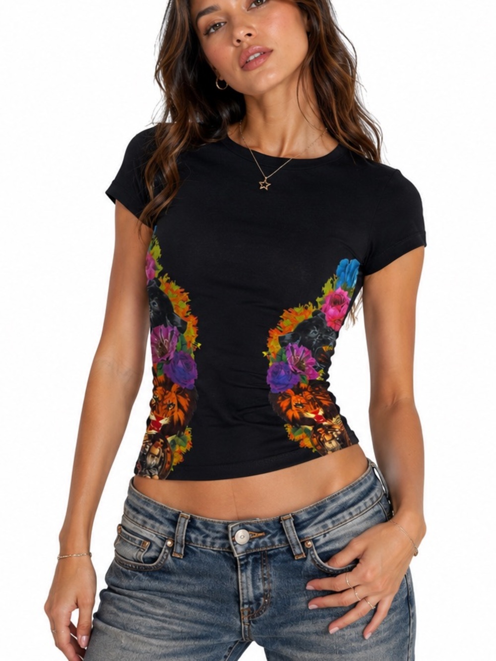 Paco Chicano Christian Audigier Black Lion Graphic T-Shirt Short Sleeve Tee Med